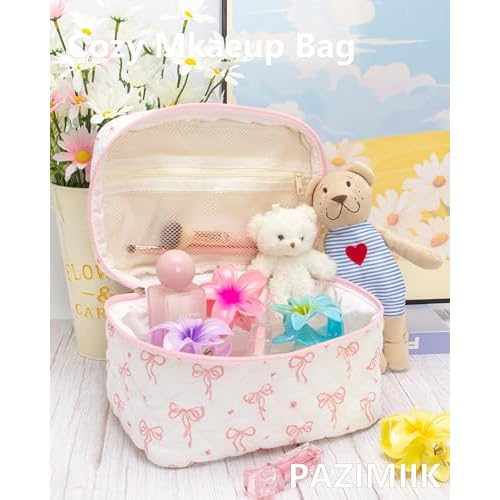 3PCS Makeup Bag SET Large Travel Quilted Zipper Soft Cosmetic Case Pouch for Women Girls Make Up,Bow Pink