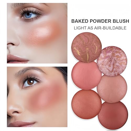 MAEPEOR Powder Baked Blush 6 Colors Natural Glow Marbleized Baked Powder Blush Lightweight Buildable Shimmer Blusher (03 ETHEREAL)