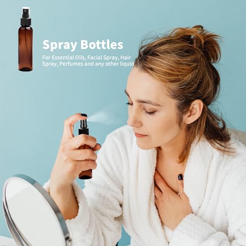 50 Pack 2oz Amber Spray Bottles Plastic, Fine Mist Small Spray Bottles Bulk, Empty Plastic Amber Sprays Bottle Reusable for Cosmetic with 3 Funnel, 10 Labels