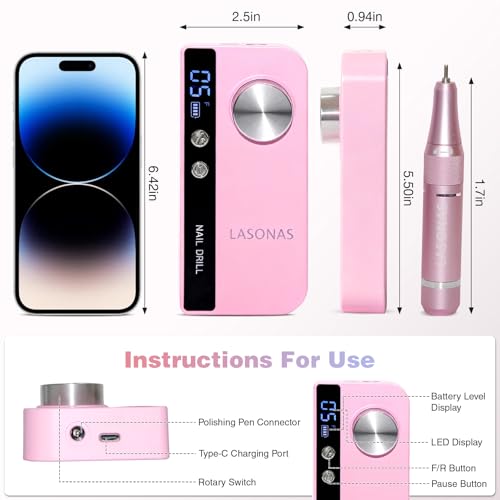 Electric Nail Drill Machine Professional, 35000 RPM Cordless Nail File, Portable Rechargeable Nail Drill and Bits for Acrylic Gel Nails Polishing Removing