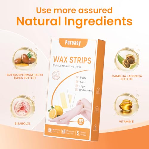 100 PCS Wax Strips for Hair Removal: 40 Facial & 60 Body Hair Removal Waxing Kit with Calming Oil Wipes - For Face, Eyebrow, Body, Arms, Legs, Bikini Area