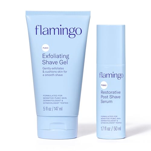 Flamingo Pubic Hair Shaving Skin Care Set, Exfoliating Shaving Gel for Women 5 fl oz with Restorative Post Shave Serum 1.7 fl oz