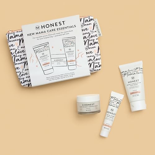 The Honest Company New Mama Care Essentials Gift Set, Hospital Bag Must Haves, Travel Size Nip Balm (0.5 oz) Glow On Body Cream (1 Gotta Face Wash (1.75 fl) with Reusable Pouch