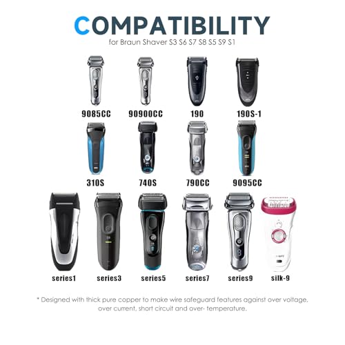 12V Charger Compatible with Braun Shaver S3 S6 S7 S8 S5 S9 S1 Series 1 3 5 6 7 8 9 310 340 3040s 390cc 790cc 9577cc 9517s 7085cc Wall Power Adapter Charging Cord Cable for Braun Electric Razor Trimmer