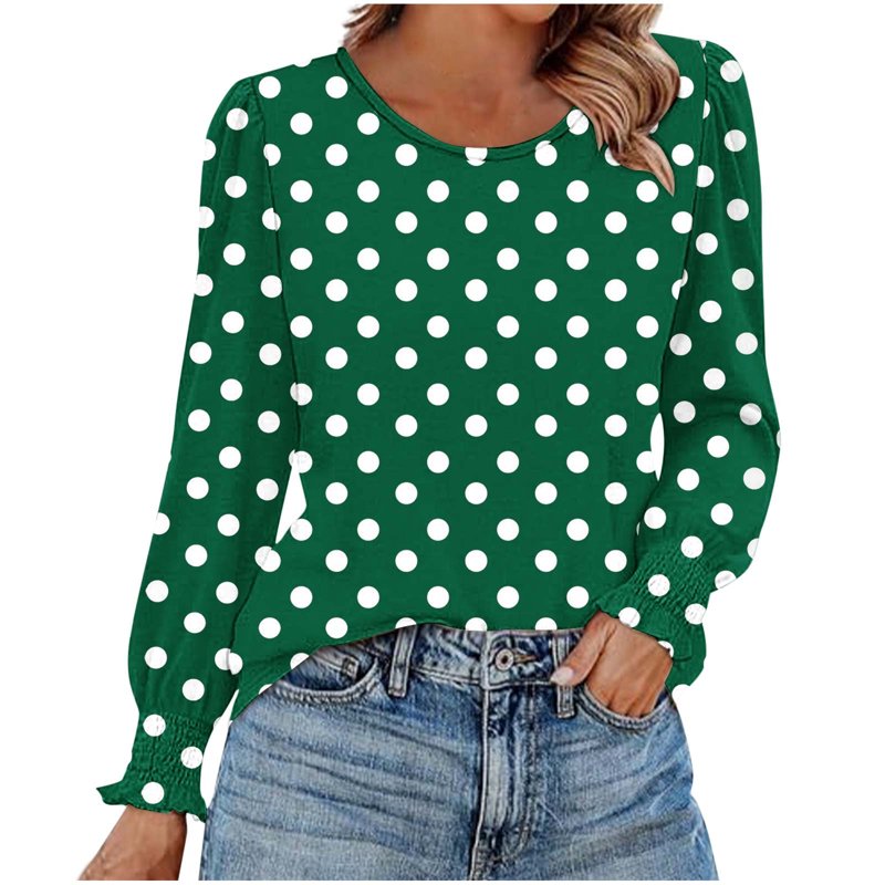 Polka Dot Flowy Blouses for Women - Relaxed Army Green Work Shirts, Crew Neck Long Sleeve