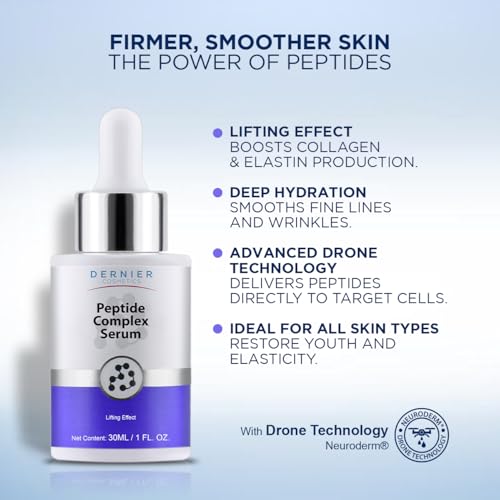 Dernier Peptide Serum for Face 5% - Powerful Multi-Peptide with Hyaluronic Acid Serum Skin Hydrating Brightening Dark Spot Treatment Anti-Aging Reduces Fine Lines & Wrinkles Antioxidant Glow (1 fl oz)