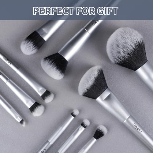 Professional Makeup Brushes 10Pcs, Premium Synthetic Make Up Brush Set, Powder Foundation Contour Blush Concealer Eye Shadow Blending Liner Makeup Brush Kit (Silver)
