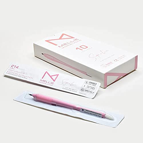 Mellie¡¯s Signature Microblading Pen ? Pack of 10 Disposable Eyebrow Tattoo Pens | Sterilized Blades C14 .18mm | Rubber Grip & Pigment Sponge | Professional Brow Tool (Pink)