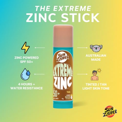 Sun Zapper Extreme Zinc Sunscreen Stick SPF 50+ Tan ? Water Resistant Mineral Sunscreen for Face, Zinc Oxide Surf Sunscreen Stick for Surfing and Water Sports, 15g (0.53 oz), Australian Made
