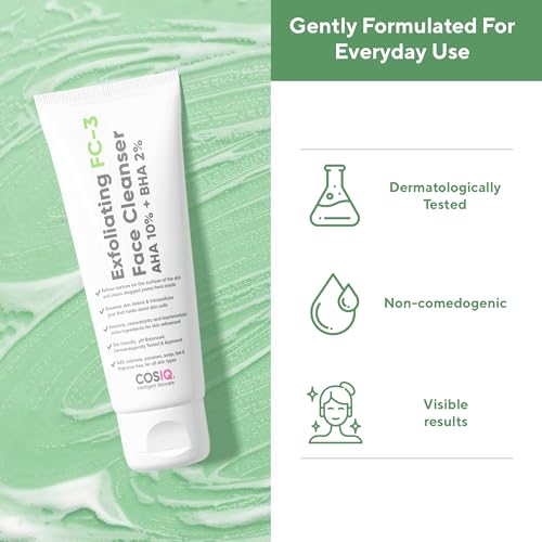 Cos-IQ Exfoliating Face Wash for Oily & Dry Skin | 2% Salicylic Acid BHA & 10% Glycolic Acid AHA | Sulphate-Free Anti-Acne Face Cleanser for Acne, Pimples, Skin Brightening, Dirt & Oil Control | 100ml