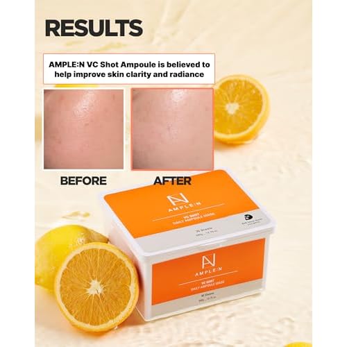 VC Shot Daily Ampoule Mask - Korean Face Sheet Masks with Vitamin C for Radiant Skin Tone Daily Facial Treatment with Niacinamide for Hydration & Complexion Enhancement, 30 Sheets