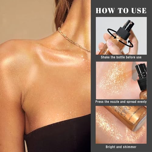 Body Glitter Spray - Bronze Body Shimmer for Face, Hair & Body, Moisturizing Luminizer Glow Illuminator, Quick-Drying Sparkling Glitter Spray Liquid Highlighter Makeup (#04)