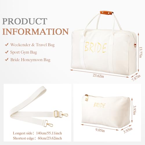 2 Pcs Bride Travel Bag Bridal Shower Gifts for Women Bridal Shower Weekender Bags Shoulder Duffle Bag for Wedding Engagement Honeymoon(White,9.06 x 3.94 x 3.94 Inches,Cotton Canvas)
