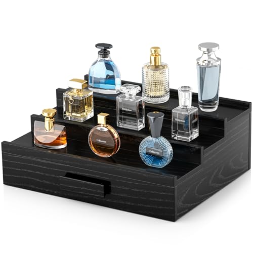 Walnut Cologne Organizer for Men,3 Tier Cologne Stand,Wooden Cologne Holder Display Shelf with Drawer Storage and Hidden Compartment,Perfume Stand Organizer,Gift for Men Dad Husband,Black