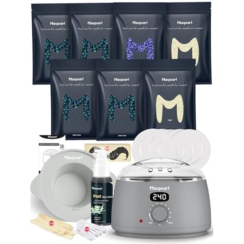 Maxpearl Waxing Kit for Men with Silicone Liner, 7 Packs of Hard Wax Beads (1.53LB total) & Wax Accessories for Coarse Male Body Hair - Nose, Eyebrows, Face, Mustache, Underarms, Back, Chest, Legs