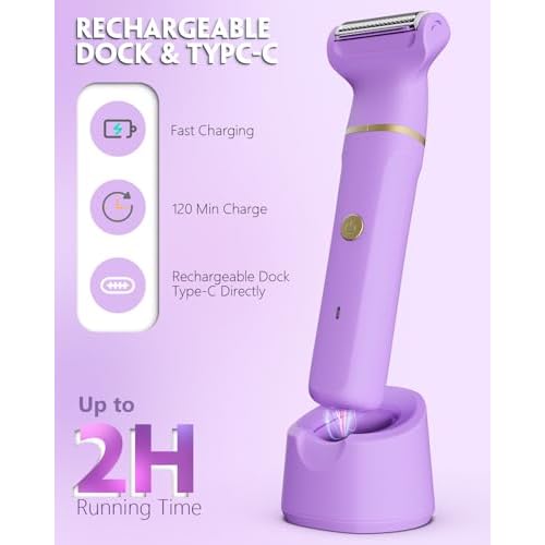 Bikini Trimmer for Women, Tiovara Painless Electric Razors Shaver IPX7 Waterproof Cordless Body Hair Trimmer Pubic Hair Removal with USB Charge Dock for Underarm Leg Arm Body Face Silk Skin (Medium)