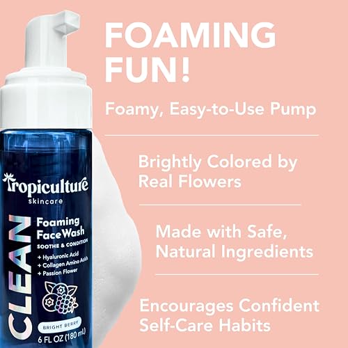 Tropiculture Clean Foaming Face Wash for Teens, Tweens & Kids | Gentle Face Cleanser for Girls | Bright Berry Hydrating Facial Cleanser | Natural, Non Toxic Skin care for Teens | Moisturizing
