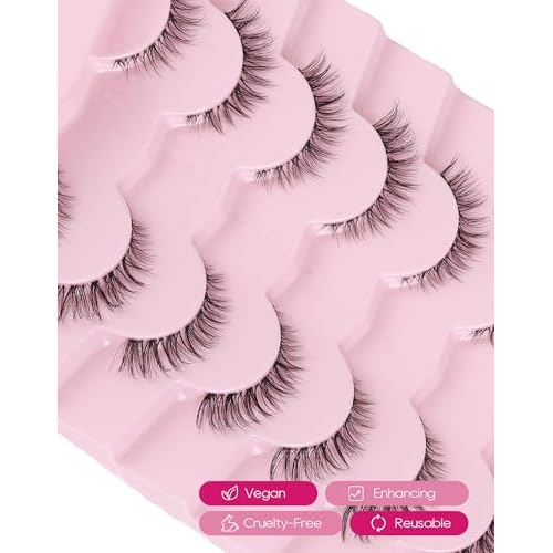 Jiocolor Cat Eye Lashes Wispy Fake Lashes C Curl Strip Lashes Natural Look Short Eyelashes Clear Band False Eyelashes 7 Pairs Pack ZT20