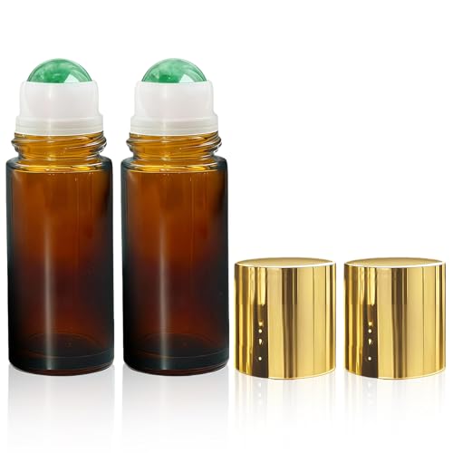 2Pack Green Aventurine Roller Bottles for Essential Oils, 50ml Refillable Amber Glass Roll On Bottles with Natural Crystal Roller Balls, Leak-Proof Travel Perfume Bottle with Gold Caps