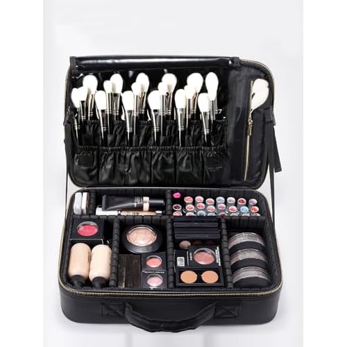 ROWNYEON Makeup Bag Cosmetic Makeup Train Case Artist Makeup Organizer Professional Portable Storage Bag for Women Girl Waterproof EVA Adjustable Dividers Large Black
