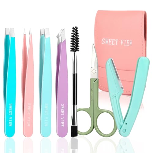 7pcs Eyebrow Tweezers Kit for Women Precision Plucker with Brow Scissors & Razor & Spoolie for Facial, Chin, Brow, Splinter and Ingrown Hair
