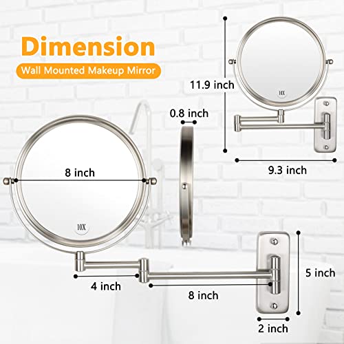 Wall Mounted Makeup Mirror - 1X/10X Magnifying Mirror Double Sided, 8 Inch Extendable Bathroom Mirror, Nickel Finish