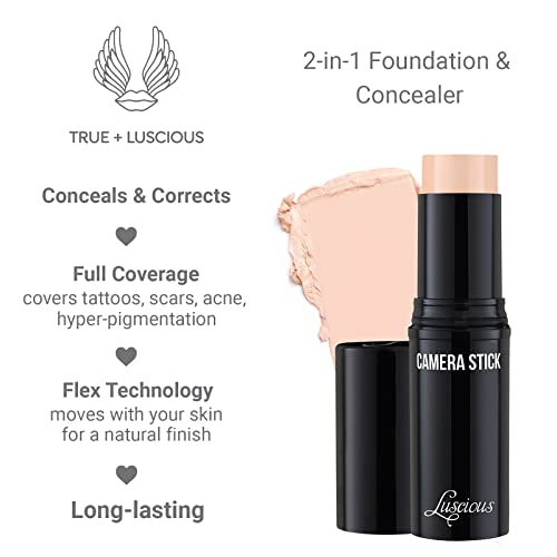 True + Luscious Camera Stick Foundation | Full Coverage Cream for Flawless Airbrushed Skin | Hydrating Non-Comedogenic Formula | Vegan Paraben-Free Cruelty-Free 0.49 oz | Shade 1.5: Natural Beige