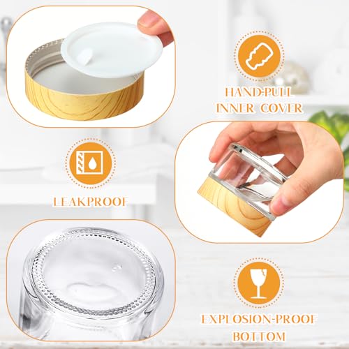 Layhit 24 Pcs 50 ml Cosmetic Glass Jars with Lids 1.69 oz Small Jars with Plastic Woodgrain Lids, White Labels and Inner Liners Empty Round Cosmetic Containers for Creams Lotions Powder Candle Making