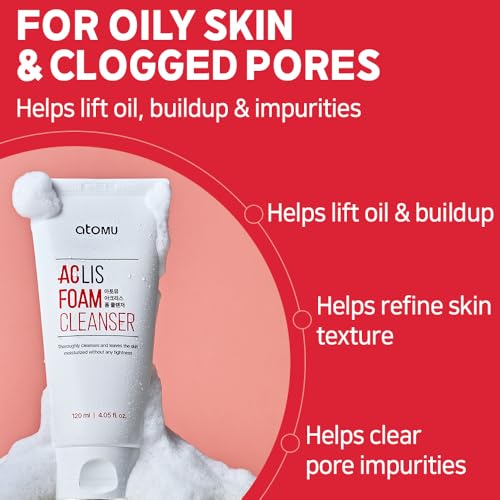 ATOMU Oil Control Foaming Facial Cleanser for Oily Skin & Clogged Pores, Deep Cleansing Face Wash with Salicylic Acid (BHA), 4.05 fl oz