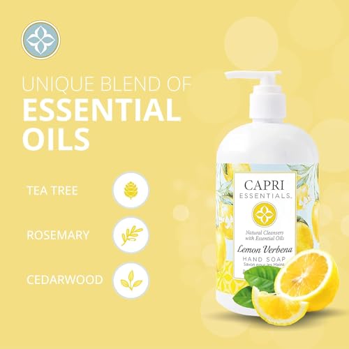 CAPRI ESSENTIALS Hand Soap Liquid, Natural Household Cleaning Supplies, Gentle Plant Based Aromatic Hand Wash, Blend of Essential Oils, Removes Dirt & Grime, Lemon Verbena Scent, 16 FL Oz (3 Pack)