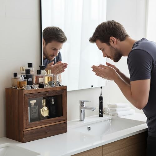 Cologne Organizer for Men,Nightstand Organizer,Cologne Shelf, Solid Wood Cologne Stand with Drawer Storage and Clear Window,Dresser Drawer Organizers,Perfume Stand Organizer,Brown