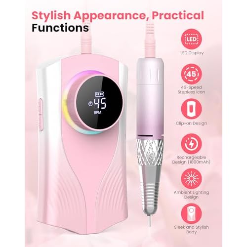 Nail Drill Professional 45000 RPM, Electric Nail File with LED Display & 45 Speeds, Rechargeable Nail Drill Kit for Acrylic Gel Nails, Manicure Pedicure at Home Salon (1800mAh-Pink)