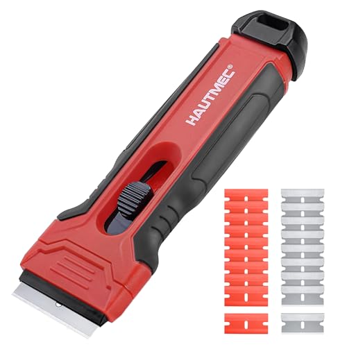 HAUTMEC Razor Blade Scraper Tool With 24Pcs Extra Blades, 10 Plastic Rozor Blades, 14 Carbon Steel Razor Blades, Removing Decals, Stickers, Labels for Glass, Tile, Window, Car, Cooktops 25031