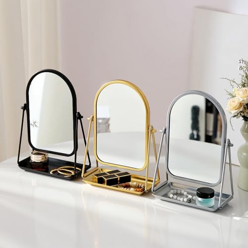 Desk Table Mirror Black Arch Desktop Vanity Mirror Iron Frame Make up Mirrors with 360 Degree Swivel Countertop Mirrors for Dressing Room Bathroom Bedroom Apartment