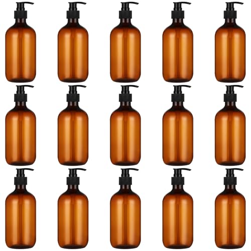 15 Pcs Amber Soap Dispenser - 16.9 oz Empty Plastic Pump Bottles, Refillable Shampoo Dispenser, Reusable Containers for Lotion, Body Wash & Dish Soap, Ideal for Bathroom, Kitchen & Travel Use