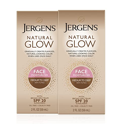 Jergens Natural Glow Face Self Tanner Lotion with SPF 20, Sunless Tanning, Medium to Deep Skin Tone Moisturizer, Daily Facial Sunscreen, Oil Free, Broad Spectrum UVA and UVB Protection,2 Oz(Pack of 2)
