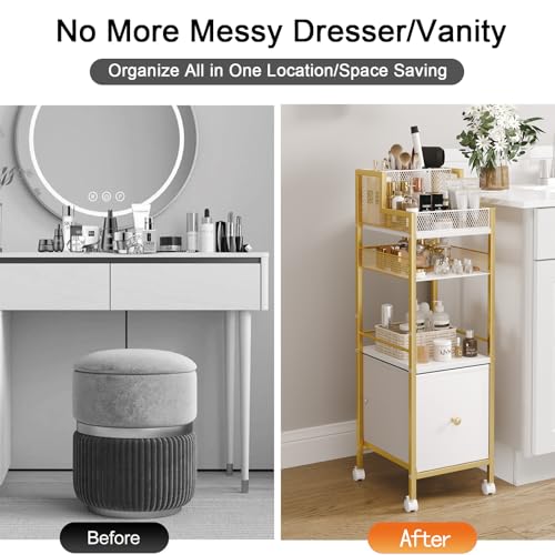 Makeup Organizer Storage Cart with Drawers, Large Floor Makeup Skincare Organizers, Rolling Makeup Cart Vanity Organizer Cosmetics Display Cases Holder for Nail Polish Brush Hair Tool£¨Gold£©