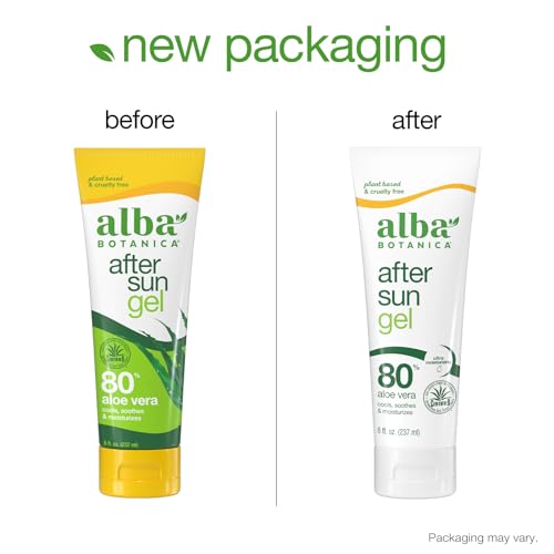 Alba Botanica Aloe Vera Gel for Skin, Cooling After Sun Treatment for Face and Body, Made with Purity Certified 80% Aloe Vera Gel Formula, 8 fl. oz. Tube (Pack of 2)