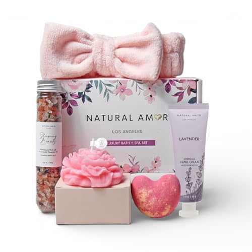 Natural Amor Bath & Spa Gift Set for Women ? Floral Relaxation Self Care Box with Headband, Rose Candle, Heart Bath Bomb, Hand Cream, Pink Salt ? Birthday, Valentine¡¯s Day Gift