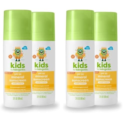 Babyganics SPF 50 Kids Mineral Sunscreen Roller Ball,Totally Tropical | UVA UVB Protection | Octinoxate & Oxybenzone Free-| Water Resistant-| (3 ounce),(Pack of 4)