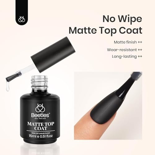 Beetles Matte Gel Top Coat for Gel Nail Polish,15ML Chrome Proof Matte Top Coat No Wipe Powder-Resist Matte Finish for Detail Chrome Powder Painting and Long Lasting Fall Nail Gifts for Women