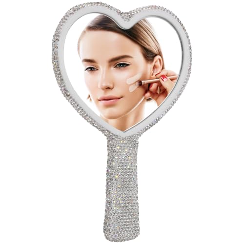 Baluue Rhinestone Heart Shaped Handheld Mirror Portable Bling Cosmetic Vanity Mirror Compact Travel Makeup for Women