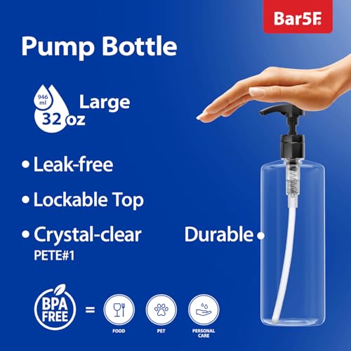 Bar5F Empty Shampoo Bottles with Pumps (32oz/1Liter/Large) BPA-Free PETE1 Plastic Bottle Crystal-Clear (Pack of 4)