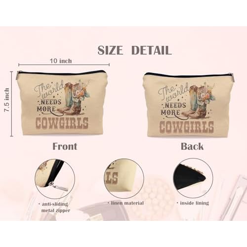 The World Needs More Cowgirls Funny Makeup Bag, Retro Western Country Floral Boots Cosmetic Bag, Gift for Teen Girls