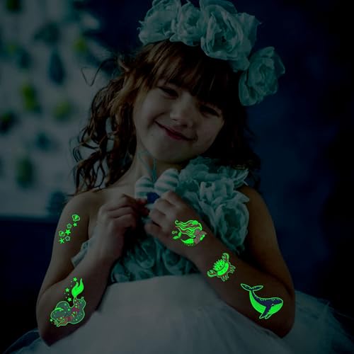 Cerlaza 300 Styles (23 Sheets) Luminous Mermaid Party Decorations, Temporary Tattoos for Kids, Glow Mermaid Birthday Party Supplies Favors, Mermaids Goodie Bags Fillers, Christmas Stocking Stuffers