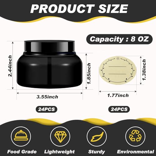 Tessco for you 24 Pack Plastic Jars with Lids Labels Multiuse Containers Empty Body Scrub Jars Round Refillable Cosmetic Body Butter Containers for DIY Slime Make Up Storage(8 oz,Black)