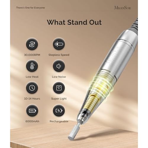 MelodySusie Entry-Level Clip-On Rechargeable Nail Drill, SC320D 30000RPM Essential E-File with LCD Display for Manicure Shaping & Gel Removal, Perfect for Training, Nail Art Practice & Home Use
