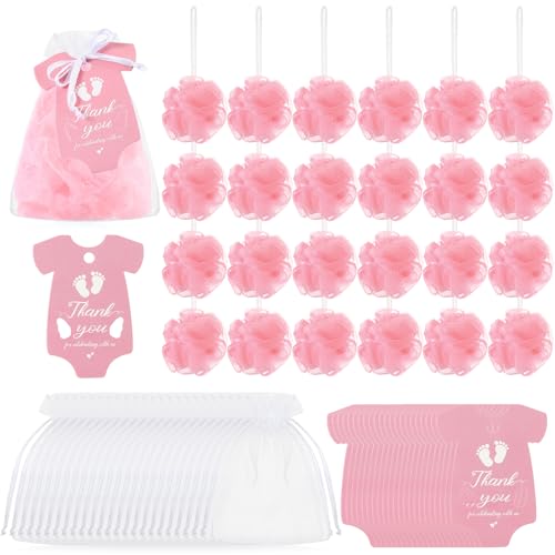 24 Sets Baby Shower Favors for Guests Include Bath Sponge Loofahs, Thank You Cards, White Organza Bags for Baptism Baby Shower Gender Reveal Birthday(Pink)