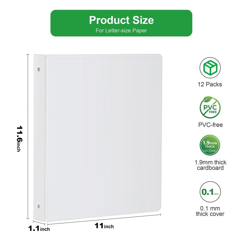 1/2 Inch Capacity Binder with 3 Rings - Water-Resistant, 100 Sheets, White, 12 Pack