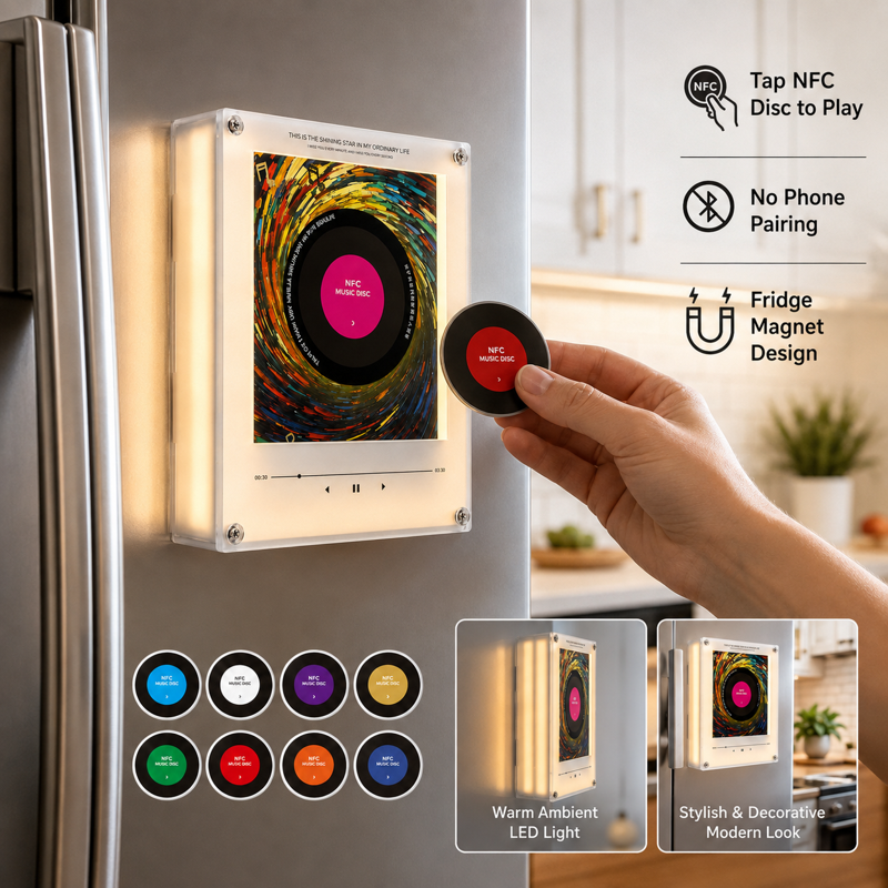 Magnetic NFC Music Player for Refrigerator - Custom Song Storage with LED Light